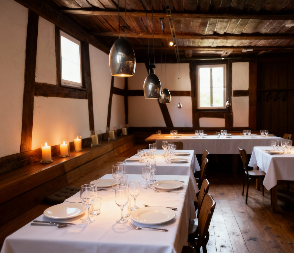 Historischer Festsaal mit Holzbalken und stimmungsvoller Beleuchtung